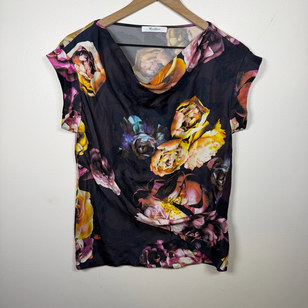 MaxMara Silk Blouse Floral Drape Neck Spring Womens Size M Office Quiet Luxury - Picture 2 of 7